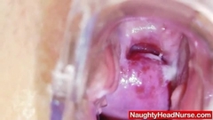 Brunette practical nurse examining her vagina Thumb