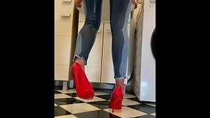 Desperate Wetting my Jeans and in my sexy Red HighHeels and play with Thumb