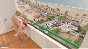 Sex on the balcony beach view - outdoor blowjob cum on tits Thumb